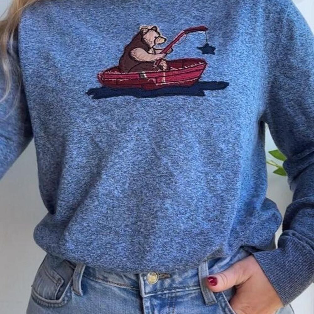 Upcycled fishing bear patchwork embroidered blue sweater